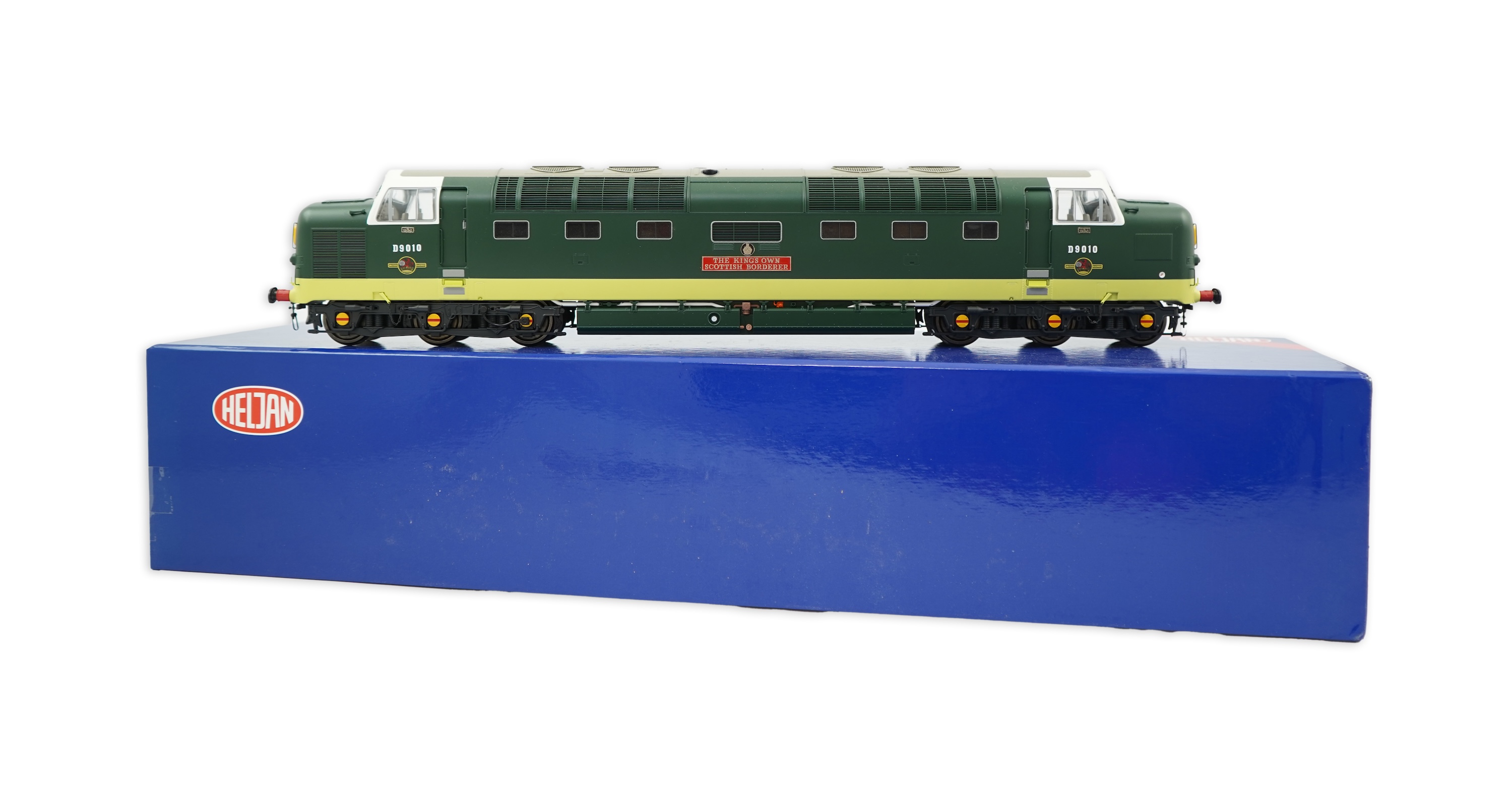An 0 Gauge Heljan model of BR Class 55 Deltic, The King’s Own Scottish Border D9010 Co-Co diesel locomotive, powered for two rail operation, with original box and operating leaflet.